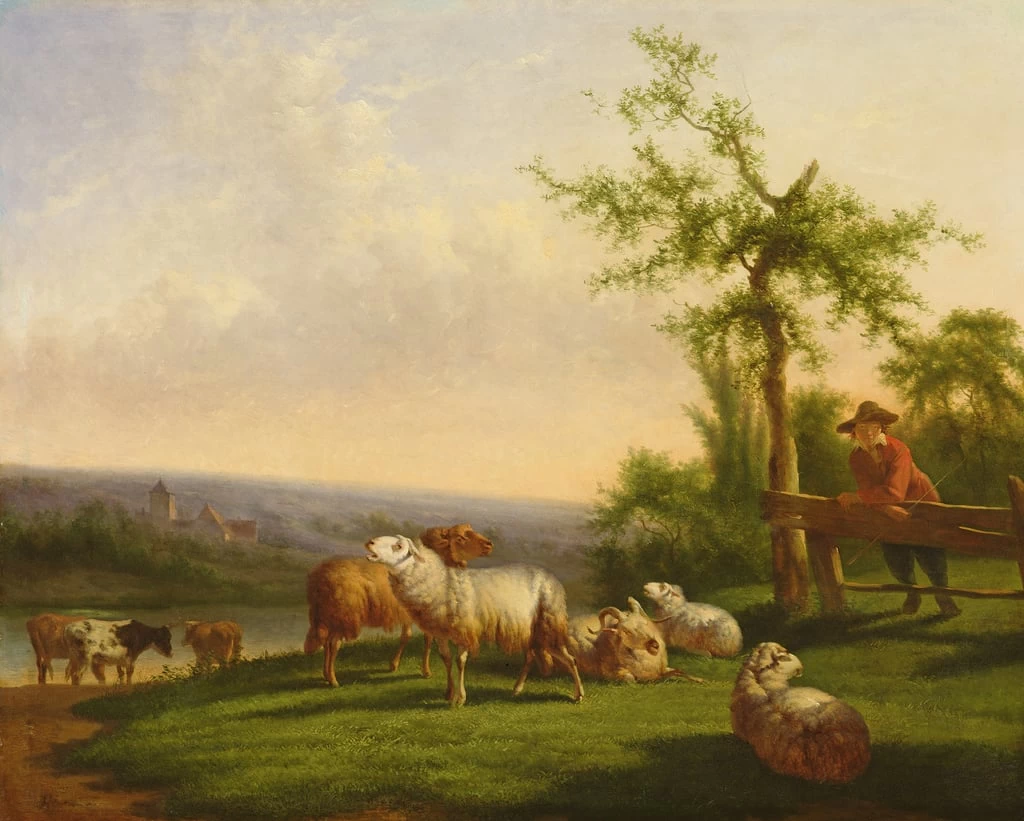 Balthasar Ommeganck - Paesaggio olandese con mucche e pastore